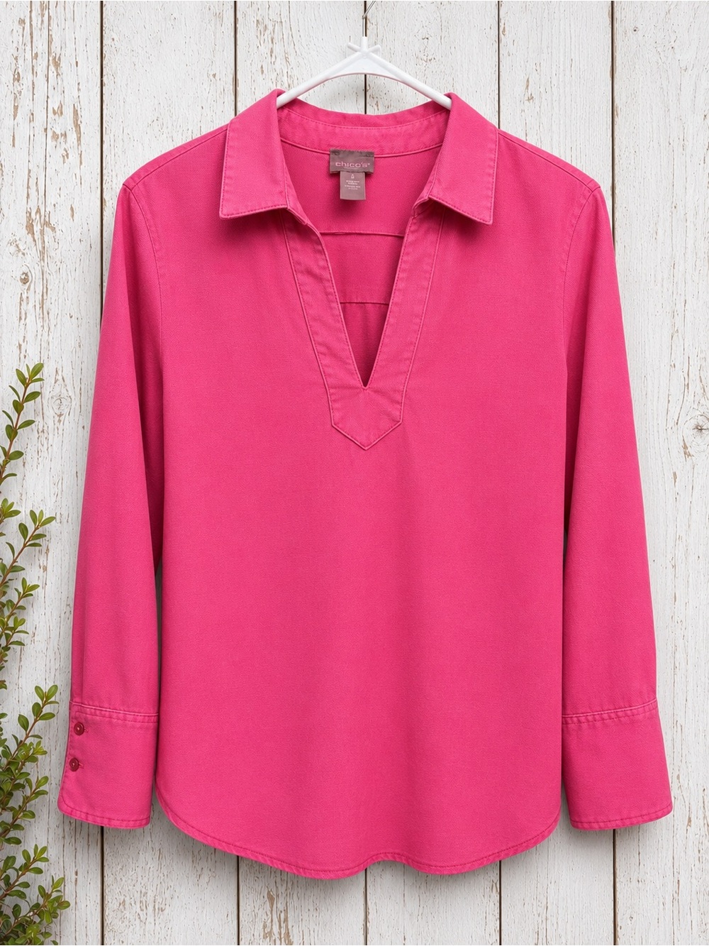 Chico’s Pink Washed Denim Popover Top – Size 1